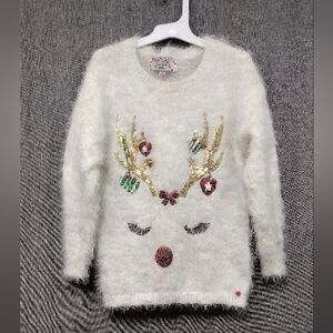 Puff Girl Fuzzy Reindeer Sweater Size S White Christmas Holiday Casual C…